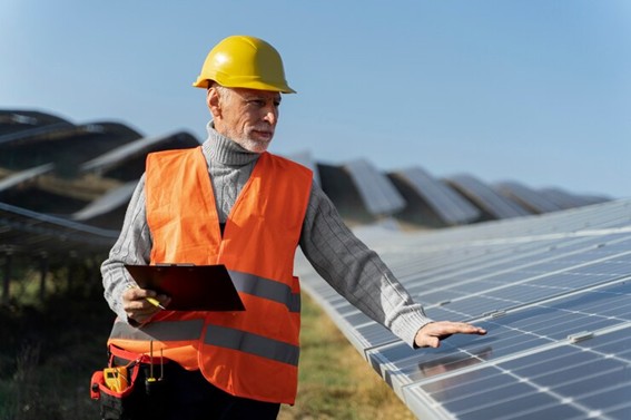 Hombre con casco amarillo y chaleco naranja revisando paneles solares con una carpeta en la mano, en un campo solar.
