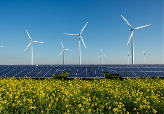 Paneles solares y molinos de viento en un campo de flores amarillas bajo un cielo azul despejado.